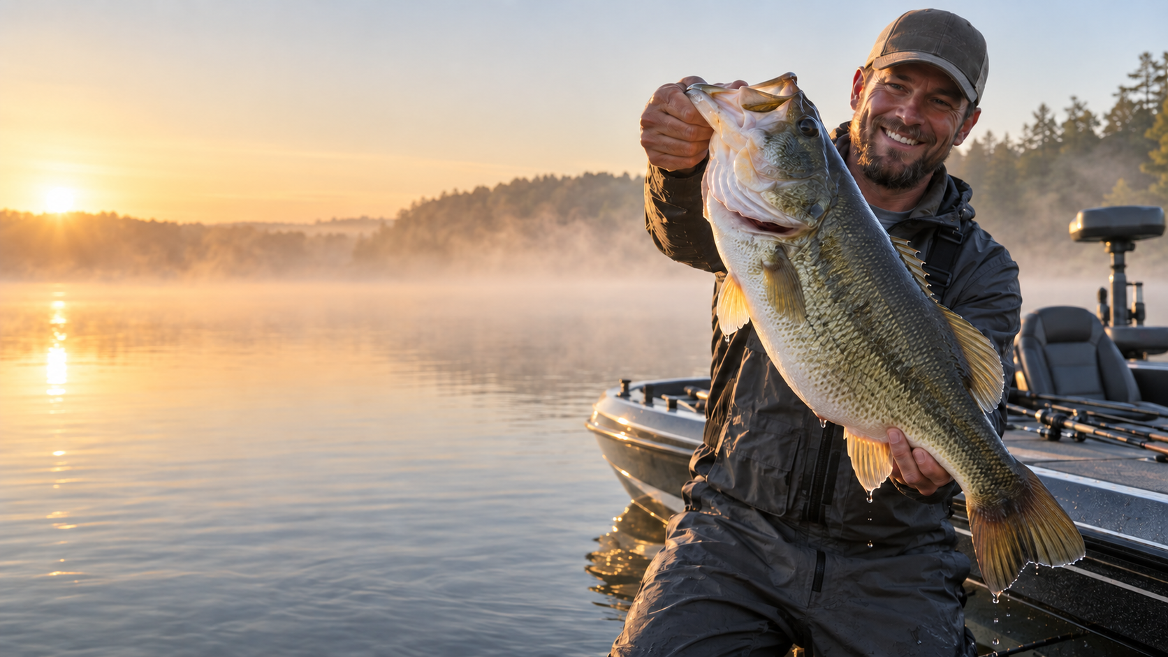 Angler holding a trophy largemouth at sunrise