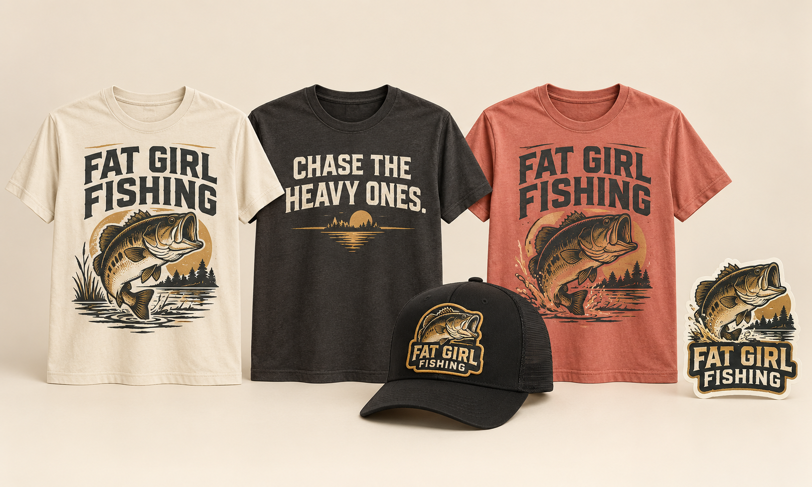 Cream Fat Girl Fishing logo tee
